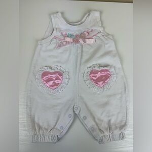 Vintage Baby Girl Romper Pink Hearts Lace Cottagecore Bubble One Piece 3-6M